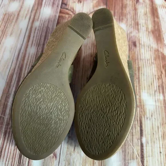 Clarks LAFLEY JOY Sz 7 Gray Leather Suede Cork Wedge Heel Sandals Open Toe Shoes - Picture 8 of 10